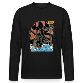 Coucher de soleil géant Cthulhu japonais - T-shirt manches longues Premium bio Homme - noir - Devant - Nico (187cm)