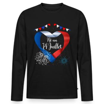 Anniversaire Né Un 14 Juillet Fête Nationale - T-shirt manches longues Premium bio Homme - noir - Devant - Nico (187cm)