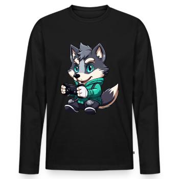 Cute Wolf Player Gaming Wolf Lover - Men's Premium Organic Long Sleeve Shirt - black - Front - Nico (187cm)