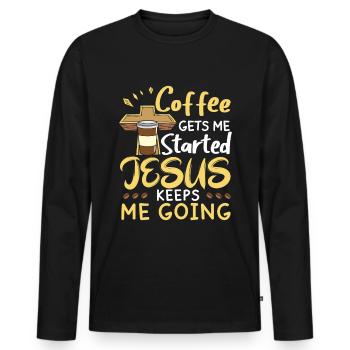 Le café me fait avancer, Jésus me fait avancer - T-shirt manches longues Premium bio Homme - noir - Devant - Nico (187cm)