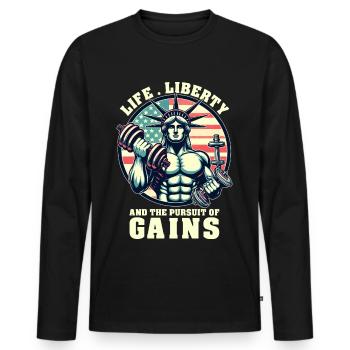 Life Liberty Pursuit of Gains Funny Workout Weight - Men's Premium Organic Long Sleeve Shirt - black - Front - Nico (187cm)