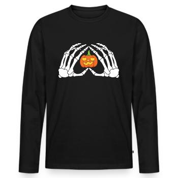 The hands of a skeleton with the pumpkin Halloween - Men's Premium Organic Long Sleeve Shirt - black - Front - Nico (187cm)