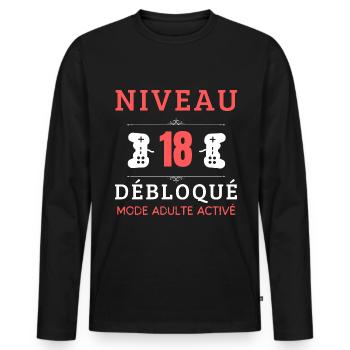 Anniversaire 18 ans niveau 18 atteint Mode Adulte - T-shirt manches longues Premium bio Homme - noir - Devant - Nico (187cm)