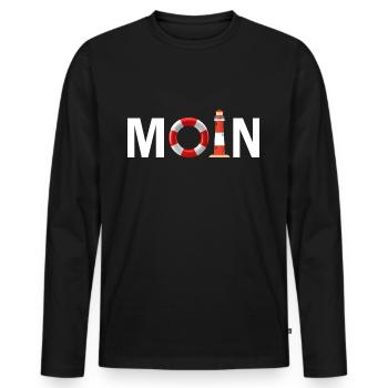 Moin mit dem Rettungsring und dem Leuchtturm Moin - Männer Premium Bio Langarmshirt - Schwarz - Vorne - Nico (187cm)