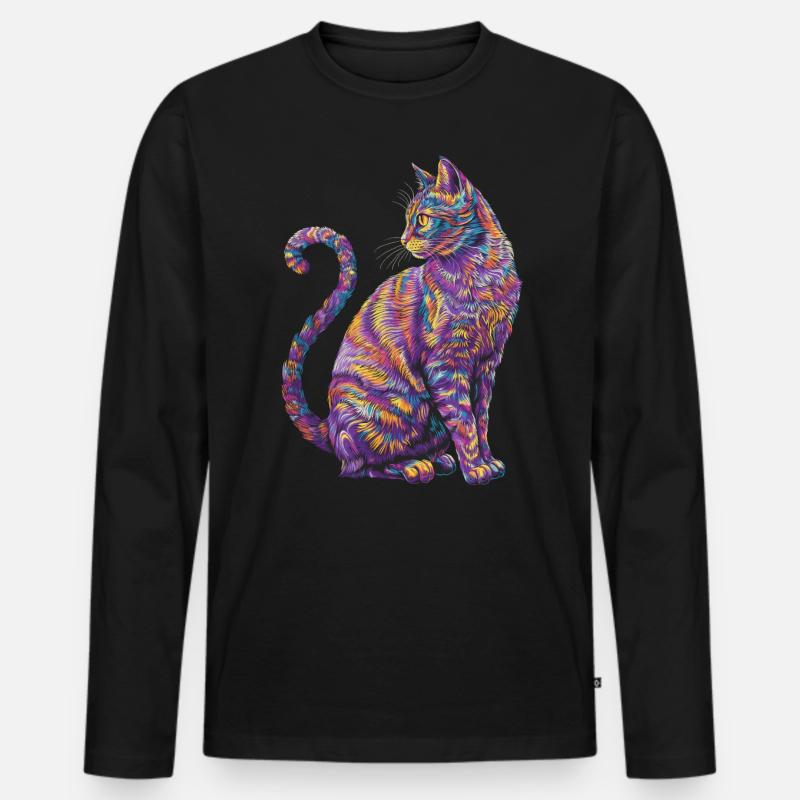 Lebendige psychedelische Katze - Bunte Katzenkunst - Männer Premium Bio Langarmshirt - Schwarz