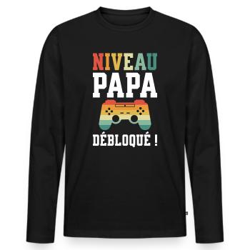 Niveau Papa Débloqué Futur Papa - T-shirt manches longues Premium bio Homme - noir - Devant - Nico (187cm)