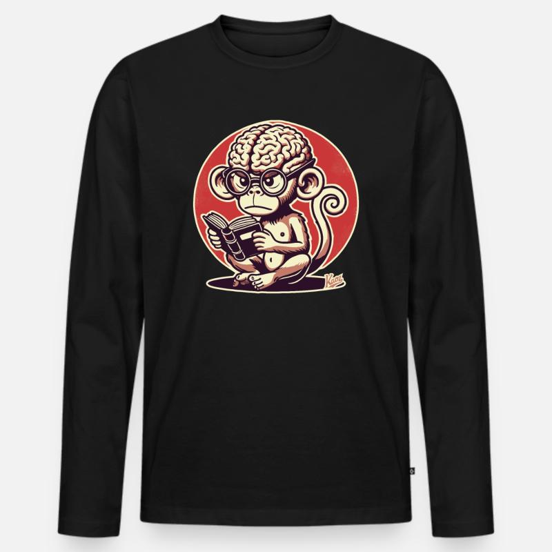 Nerd-Affe mit großem Geirn liest ein Buch - Männer Premium Bio Langarmshirt - Schwarz