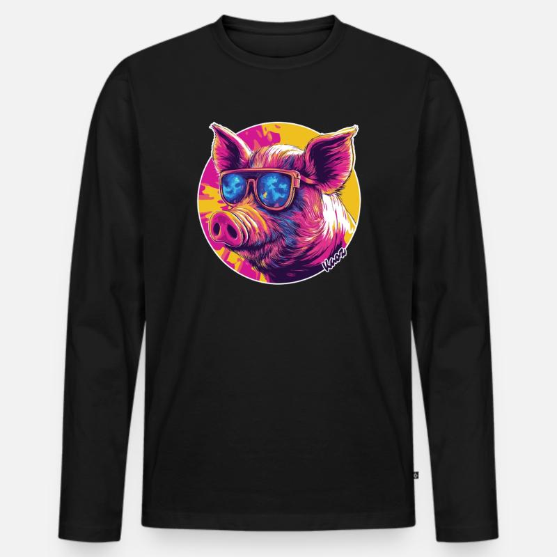 Cooles Schwein mit Sonnenbrille - Männer Premium Bio Langarmshirt - Schwarz
