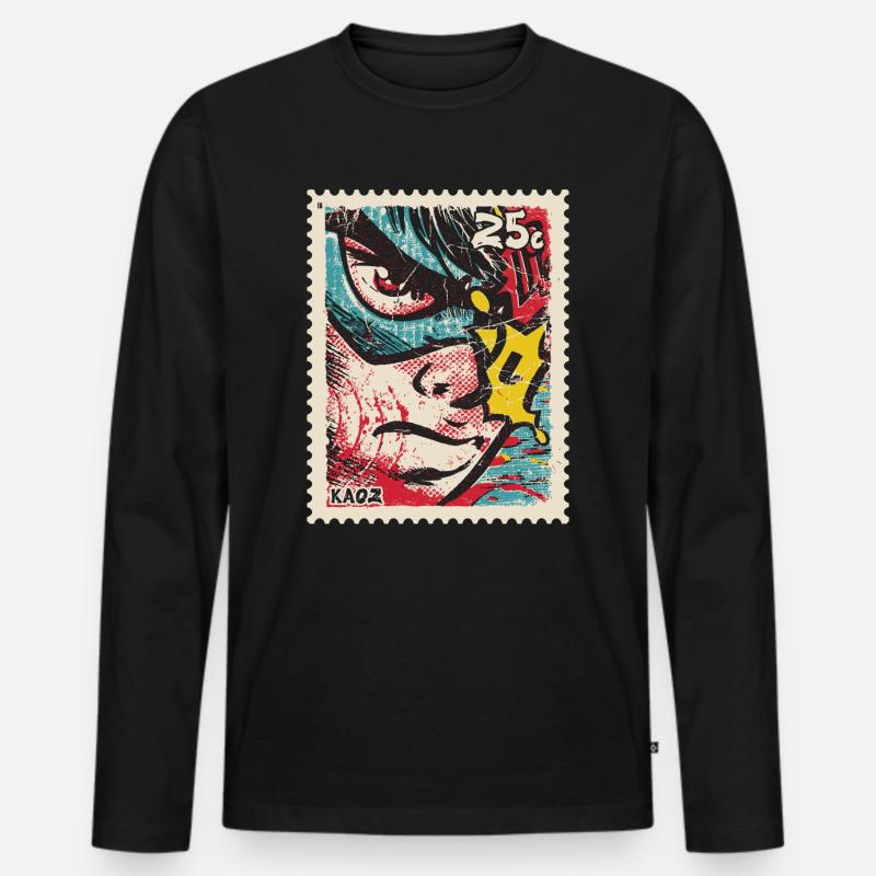 Comic-Held als Retro-Briefmarke - Männer Premium Bio Langarmshirt - Schwarz