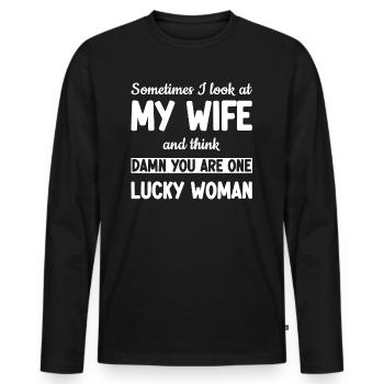 Ma femme est une femme chanceuse - Drôle - T-shirt manches longues Premium bio Homme - noir - Devant - Nico (187cm)