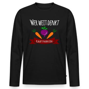 Wer weit denkt kautf nah ein - Männer Premium Bio Langarmshirt - Schwarz - Vorne - Nico (187cm)