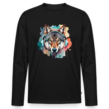 Wolf Headphones Portrait Artwork | Animal motif wolf - Men's Premium Organic Long Sleeve Shirt - black - Front - Nico (187cm)