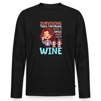 Une mère jumelle survit avec le sourire et le vin - T-shirt manches longues Premium bio Homme - noir - Devant - Nico (187cm)