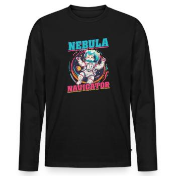 Navigateur de nébuleuse d’astronaute de chat - T-shirt manches longues Premium bio Homme - noir - Devant - Nico (187cm)
