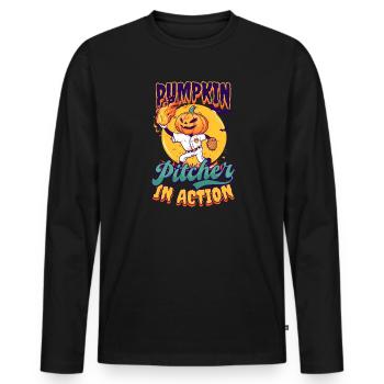 Pichet de citrouille de baseball d’Halloween en action - T-shirt manches longues Premium bio Homme - noir - Devant - Nico (187cm)
