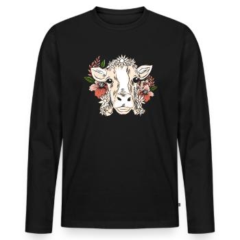 Vache avec couronne florale motif floral - T-shirt manches longues Premium bio Homme - noir - Devant - Nico (187cm)