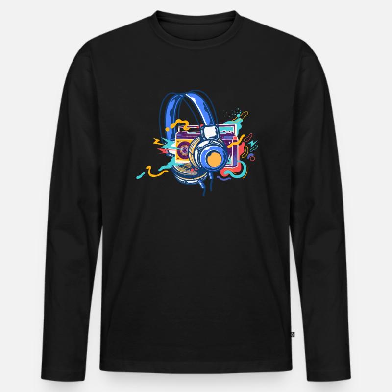 Techno Lover Bunte Kopfhörer Musik - Männer Premium Bio Langarmshirt - Schwarz