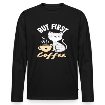 Chat amateur de café - Mais d'abord le café - T-shirt manches longues Premium bio Homme - noir - Devant - Nico (187cm)