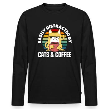 Chats et amateurs de café : simplement distraits - T-shirt manches longues Premium bio Homme - noir - Devant - Nico (187cm)