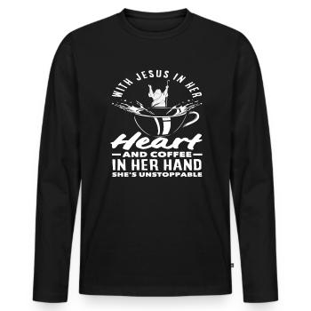 Amateur de café avec Jésus et le café - T-shirt manches longues Premium bio Homme - noir - Devant - Nico (187cm)