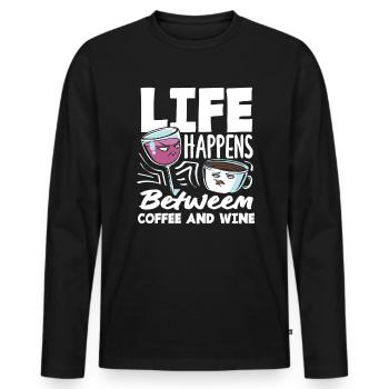 La vie se passe entre le café et le vin - T-shirt manches longues Premium bio Homme - noir - Devant - Nico (187cm)