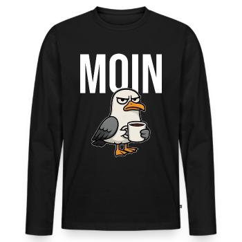 MOIN – Grummeliges Möwe mit Kaffee | Morgenmuffel - Männer Premium Bio Langarmshirt - Schwarz - Vorne - Nico (187cm)