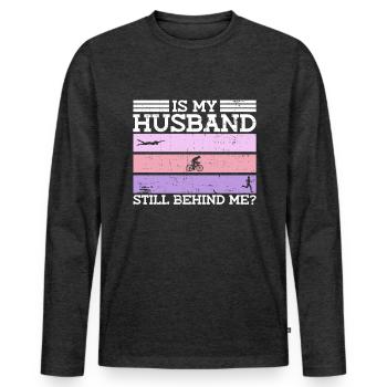 Ist mein Mann noch hinter mir? - Triathlon Frauen - Männer Premium Bio Langarmshirt - Anthrazit meliert - Vorne - Nico (187cm)