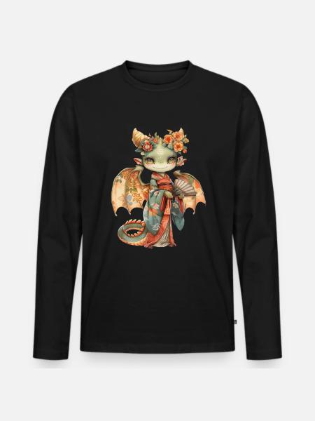 Dragon Geish Japanse Kawaii - Mannen Premium Bio shirt met lange mouwen - zwart