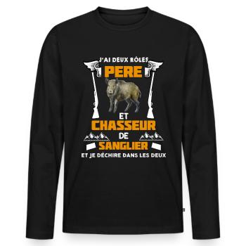 J'Ai Deux Rôles Père et Chasseur De Sanglier - T-shirt manches longues Premium bio Homme - noir - Devant - Nico (187cm)