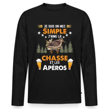 Bécasse et apéro Humour Homme chasseur - T-shirt manches longues Premium bio Homme - noir - Devant - Nico (187cm)