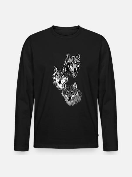 Drei Wolfsköpfe in grau - Männer Premium Bio Langarmshirt - Schwarz