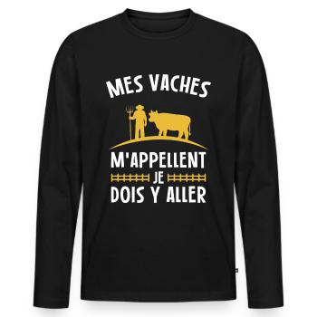 Vaches Paysan Fermier Ferme Vache Humour Cadeau - T-shirt manches longues Premium bio Homme - noir - Devant - Nico (187cm)