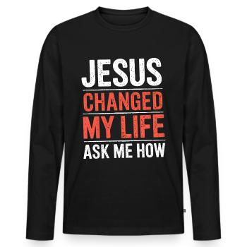 Jesus changed my life! Christian - Men's Premium Organic Long Sleeve Shirt - black - Front - Nico (187cm)