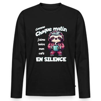 Comme chaque matin j'aime boire mon café... - T-shirt manches longues Premium bio Homme - noir - Devant - Nico (187cm)