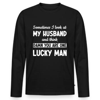 Mon mari est un homme chanceux - Drôle - T-shirt manches longues Premium bio Homme - noir - Devant - Nico (187cm)