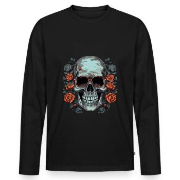 Cooler Hipster Totenkopf mit Brille und Rosen - Männer Premium Bio Langarmshirt - Schwarz - Vorne - Nico (187cm)