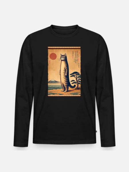 Mont Fuji coucher de soleil Papyrus défilement rétro - T-shirt manches longues Premium bio Homme - noir