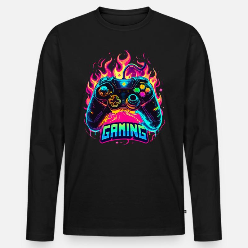 Gaming Controller Flammen Kunst - Männer Premium Bio Langarmshirt - Schwarz