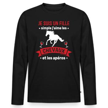 Un fille j'aime les chevaux et les apéros - T-shirt manches longues Premium bio Homme - noir - Devant - Nico (187cm)