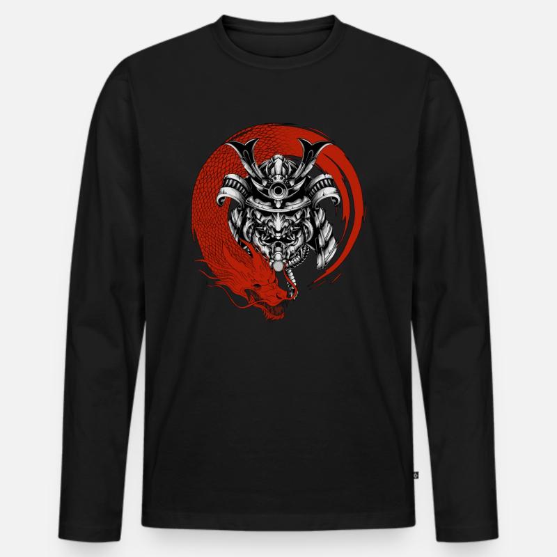 Samurai und Drache - Männer Premium Bio Langarmshirt - Schwarz