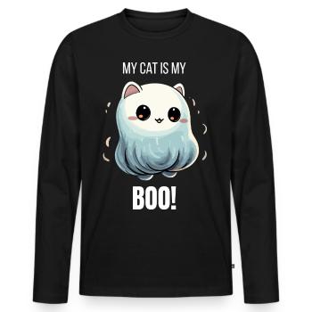 T-shirt Halloween Ghost Cat Mon chat est mon BOO - T-shirt manches longues Premium bio Homme - noir - Devant - Nico (187cm)