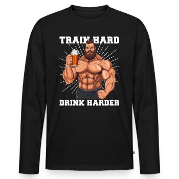 Bodybuilder Gym Beer Train Hard Drink Harder - Men's Premium Organic Long Sleeve Shirt - black - Front - Nico (187cm)