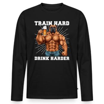 Bodybuilder Gym Beer Train Hard Drink Harder - Men's Premium Organic Long Sleeve Shirt - black - Front - Nico (187cm)