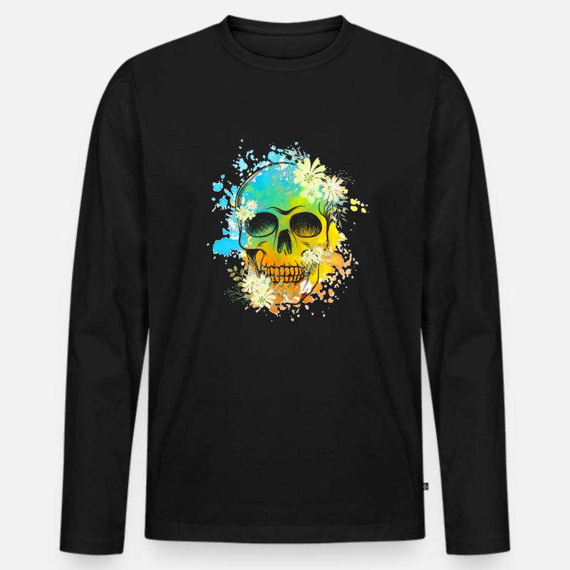 Skull Blumen - Männer Premium Bio Langarmshirt - Schwarz