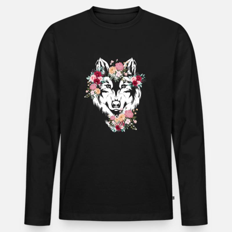 Wolf Wolfskopf Blumen Deko - Männer Premium Bio Langarmshirt - Schwarz
