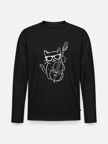 Katze Mit Sonnenbrille Spielt Kontrabass - Männer Premium Bio Langarmshirt - Schwarz