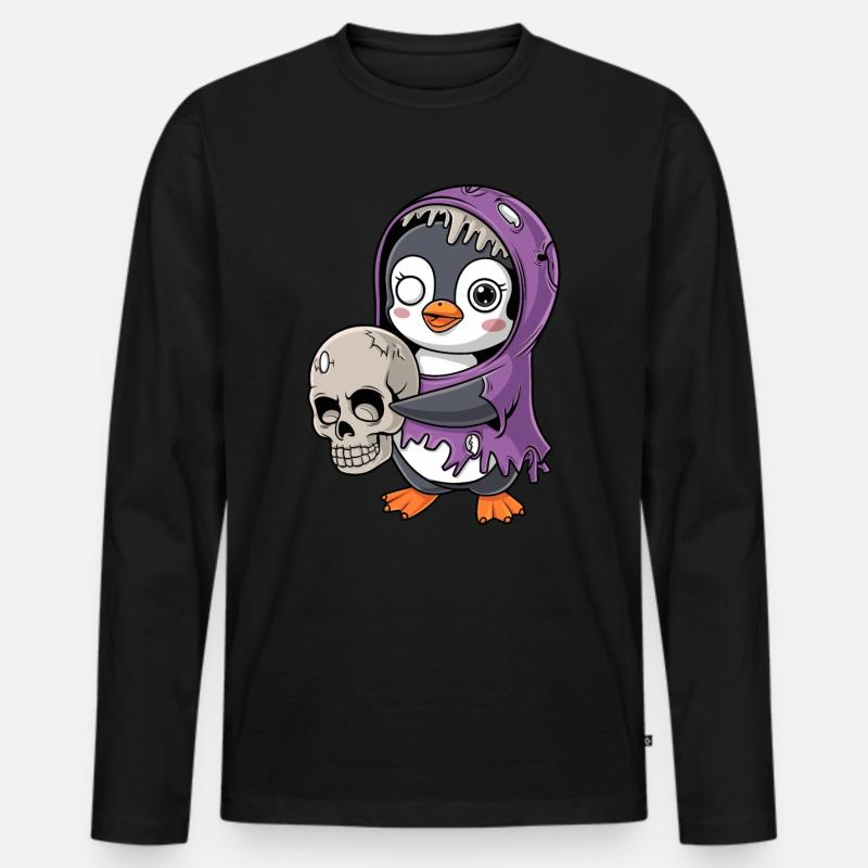 Pinguin Zombie Halloween mit Schädel - Männer Premium Bio Langarmshirt - Schwarz