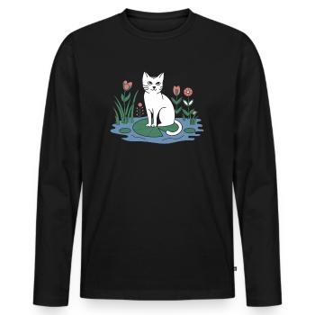 Chat cottagecore sur nénuphar dans le jardin - T-shirt manches longues Premium bio Homme - noir - Devant - Nico (187cm)