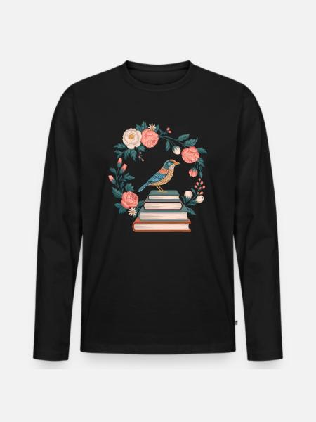 Cottagecore uccello e fiori pila di libri - Maglia a manica lunga ecologica premium da uomo - nero