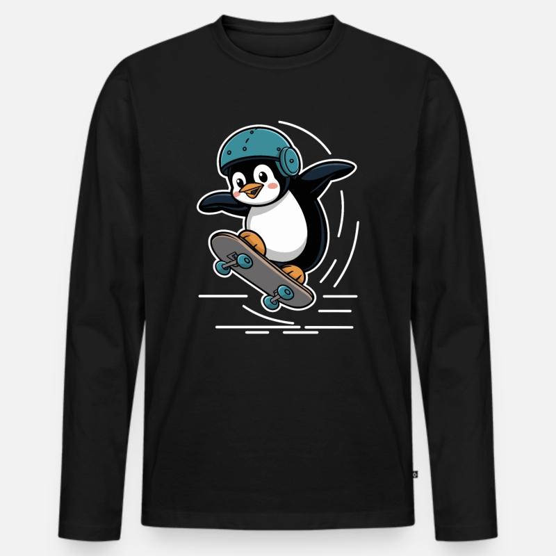 Skateboard Fahrender Pinguin Mit Helm - Männer Premium Bio Langarmshirt - Schwarz